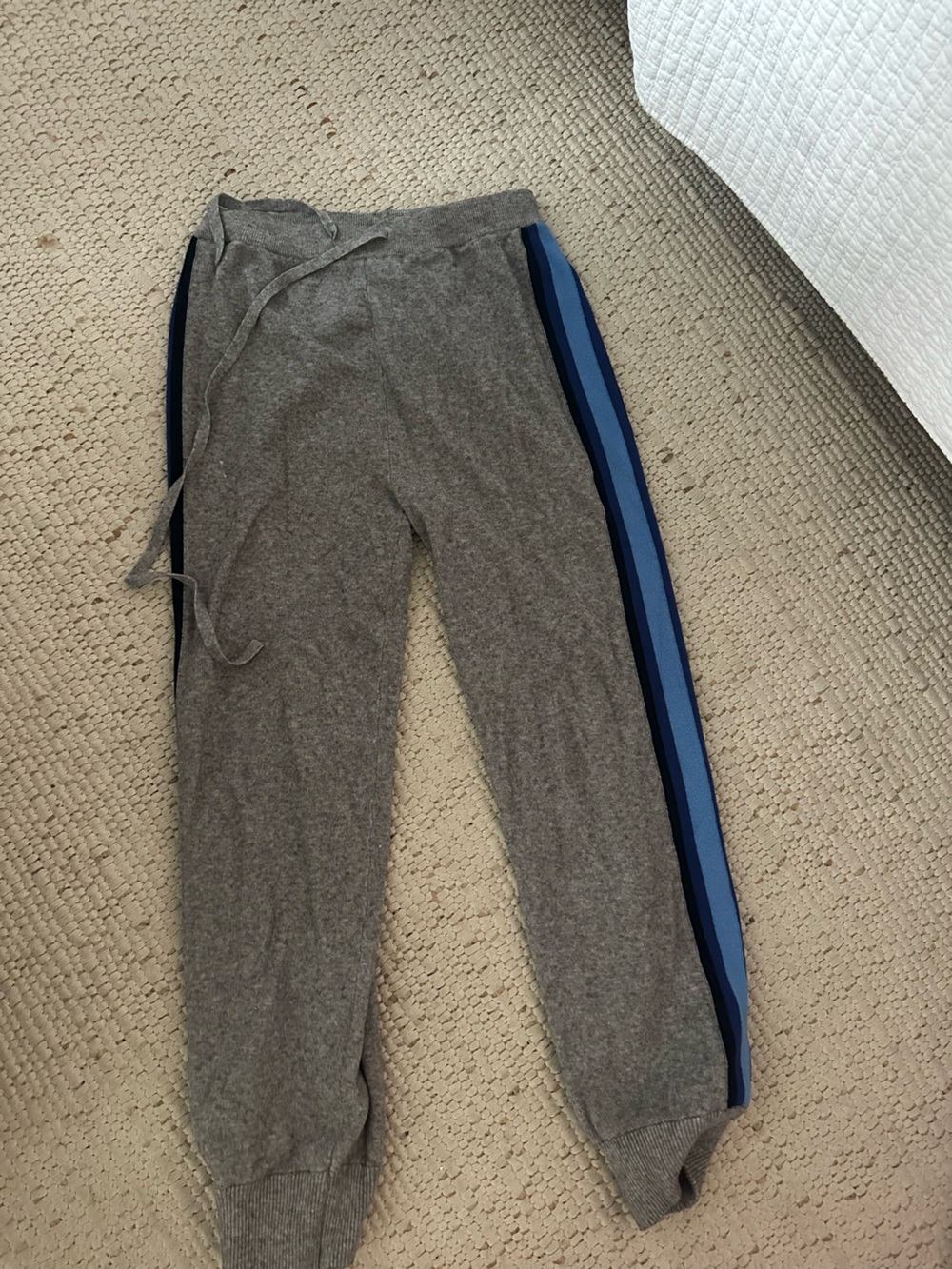MADELEINE THOMPSON Gray Joggers with Navy and Light Blue Side Stripes